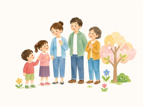 家族と木の水彩イラスト