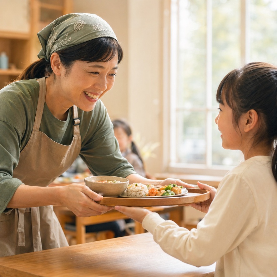 スタッフが子どもに食事を渡している様子